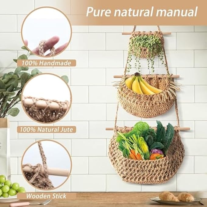 BIGTHREE 3-TIER JUTE & COTTON ROPE WALL HANGING BASKET, BOHO STORAGE ORGANIZER WITH 2 HOOKS, FOR FRUITS, VEGETABLES & HOME DECOR IN KITCHEN, BATHROOM, BEDROOM & LIVING ROOM - Image 2